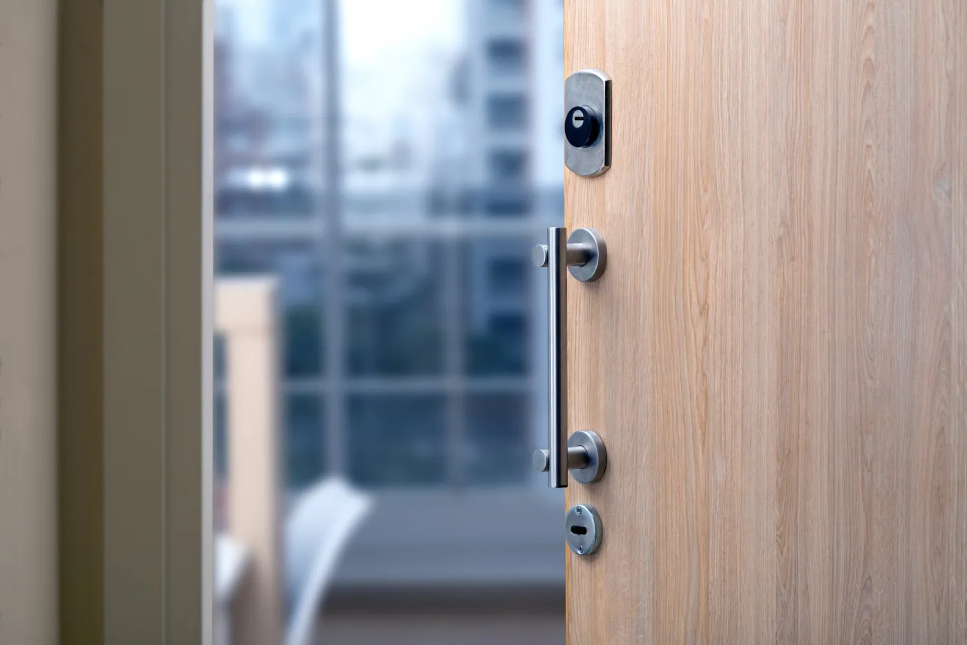Porte d'appartement équipée d'une serrure multipoints et d'une barre de tirage dans le Val-d'Oise